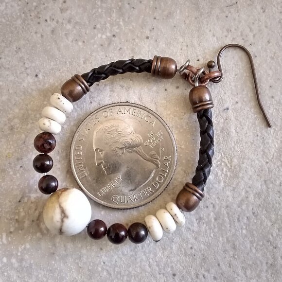 Rustic SouthWestern Flair! Leather + Jasper + Natural Howlite Hoop Earrings - Picture 4 of 7